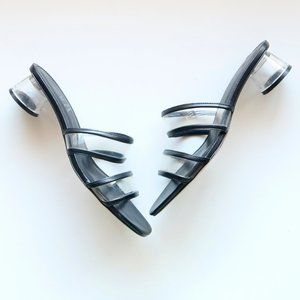 Zara Clear / Translucent & Black Square Toe Round Heel Strappy Mule Sandals 10.5